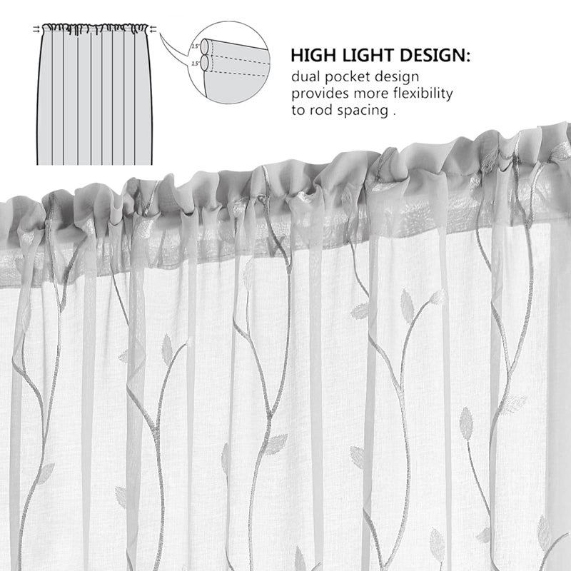 jinchan Sheer Door Curtain 40 Inches Grey Floral Embroidered Semi-Sheer Embroidery Voile Floral French Door Curtain Light Filtering Drape Rod Pocket 1 Panel Gray - Image 5